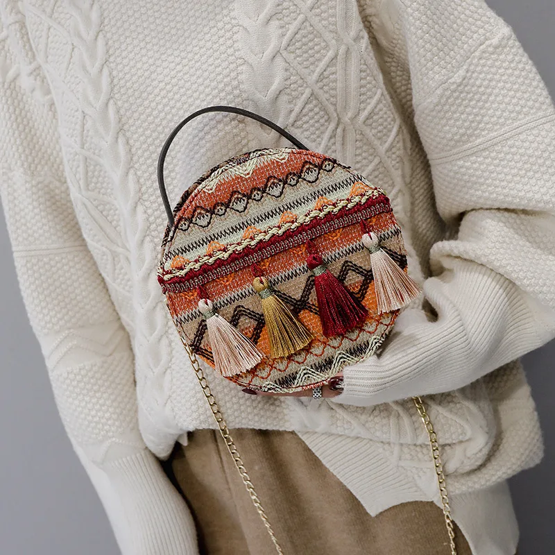 

2019 New Style Retro National Wind Tassels round Bag Chains Shoulder WOMEN'S Bag, Simple Elegant Female Preferred