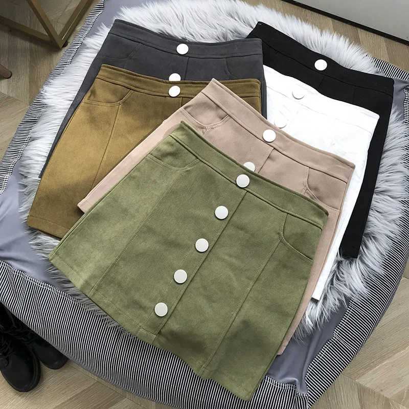 

Versatile Buckle Skirt Women's Solid Color Double Pocket Hong Kong Flavor A- line Short Skirt-Style New Style Casual Western Sty