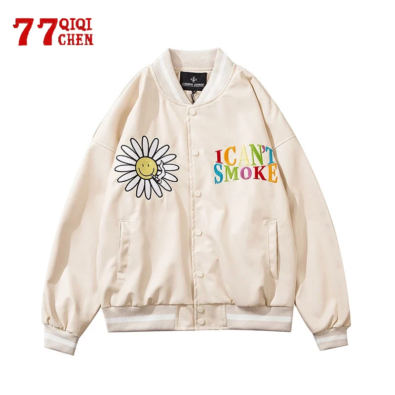 Chaqueta de béisbol de cuero PU para hombre, Bordado de letras de margaritas de universidad, Vintage, primavera y otoño, Hiphop, de gran tamaño, para pareja