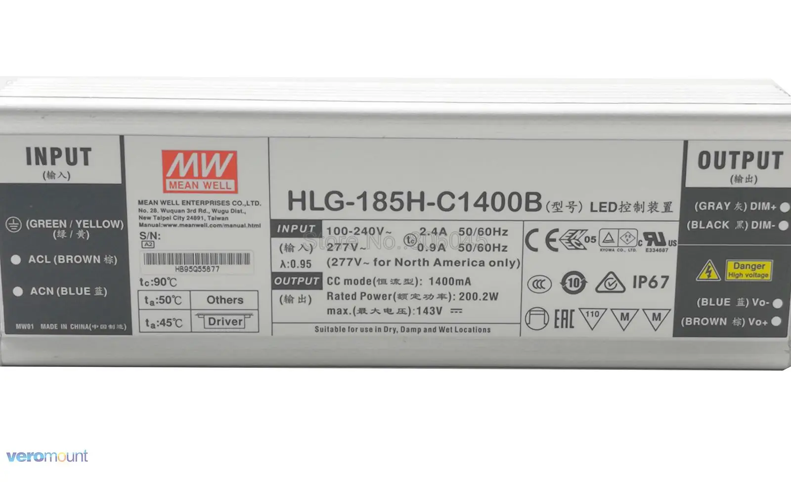 Meanwell HLG-185H-C1400B источник питания с регулируемой яркостью 200 Вт Светодиодный драйвер с одним выходом 1400mA для 4 шт. CREE CXB3590