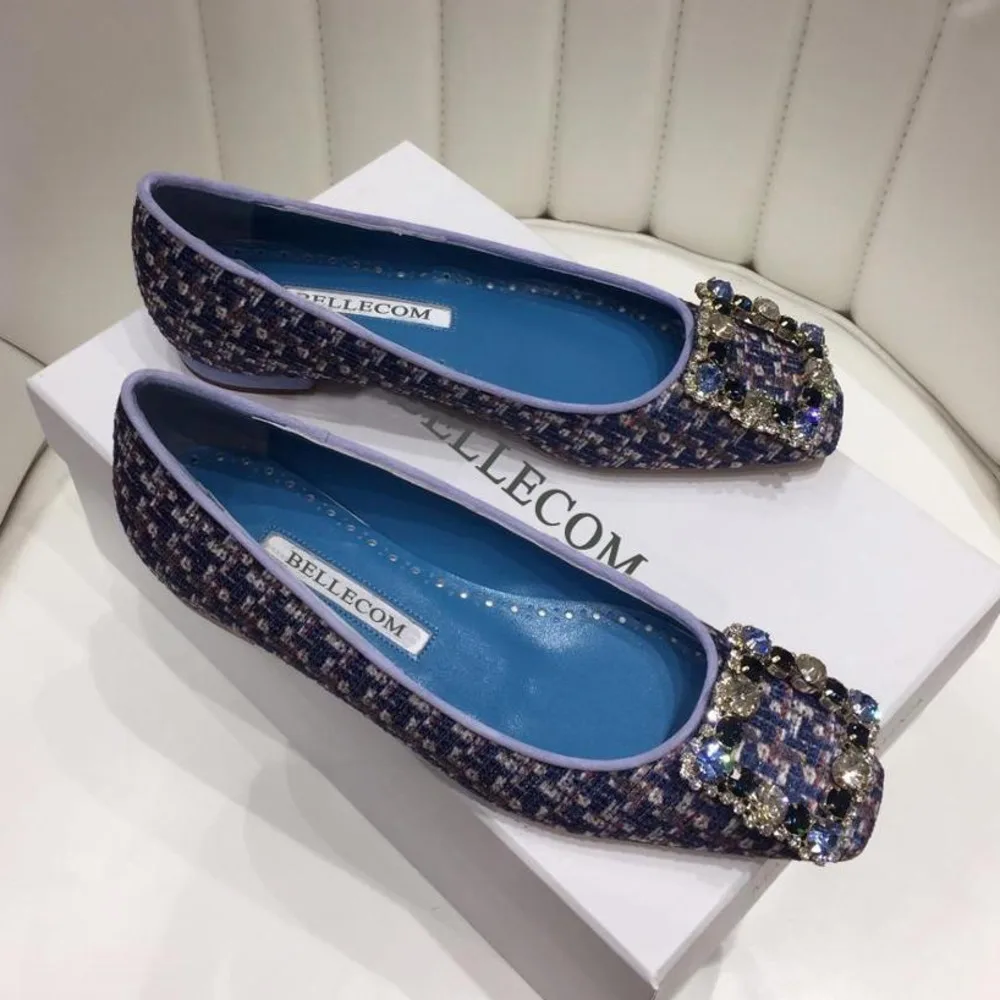

BELLECOM 2019 spring sky blue diamond square buckle flat bottom shallow mouth leather check young cloth woman's first shoe