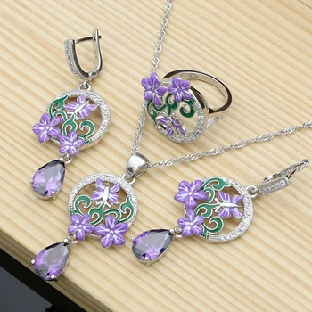 

Fine Purple Amethyst Silver 925 Jewelry Sets Charm Enamel Butterfly Flower Earrings Women Handmade Decoration Jewellry