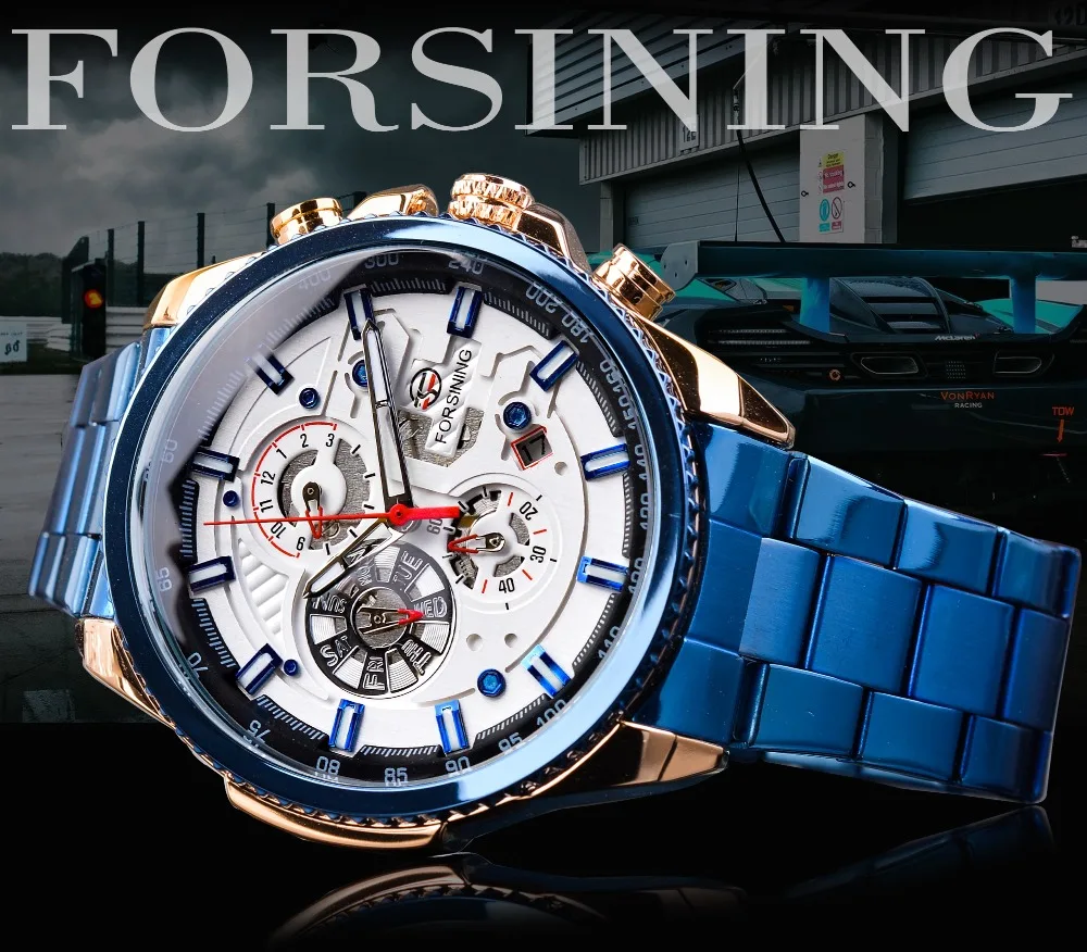 Forsining Business Mens Watches Top Brand Multicolor Man Clock Blue Stainless Steel Mechanical Automatic Stylish Male Wristwatch