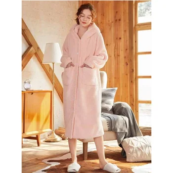 

Women Pajamas Solid Color Plush Fleece Dual Pocket Button Up Hooded Robe Long Sleeve One-Piece Winter Nightwear Sleepwear