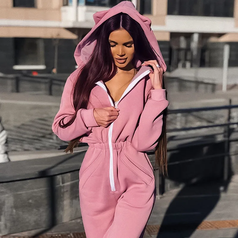 cs2547-pink Элегантный Облегающий комбинезон полной длины, комбинезон с длинным рукавом, женский комбинезон с v-образным вырезом и капюшоном на молнии - Цвет: cs2547-pink