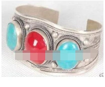 &gt Изысканный племенной тибетский серебряный красный камень Бирюзовая вставка