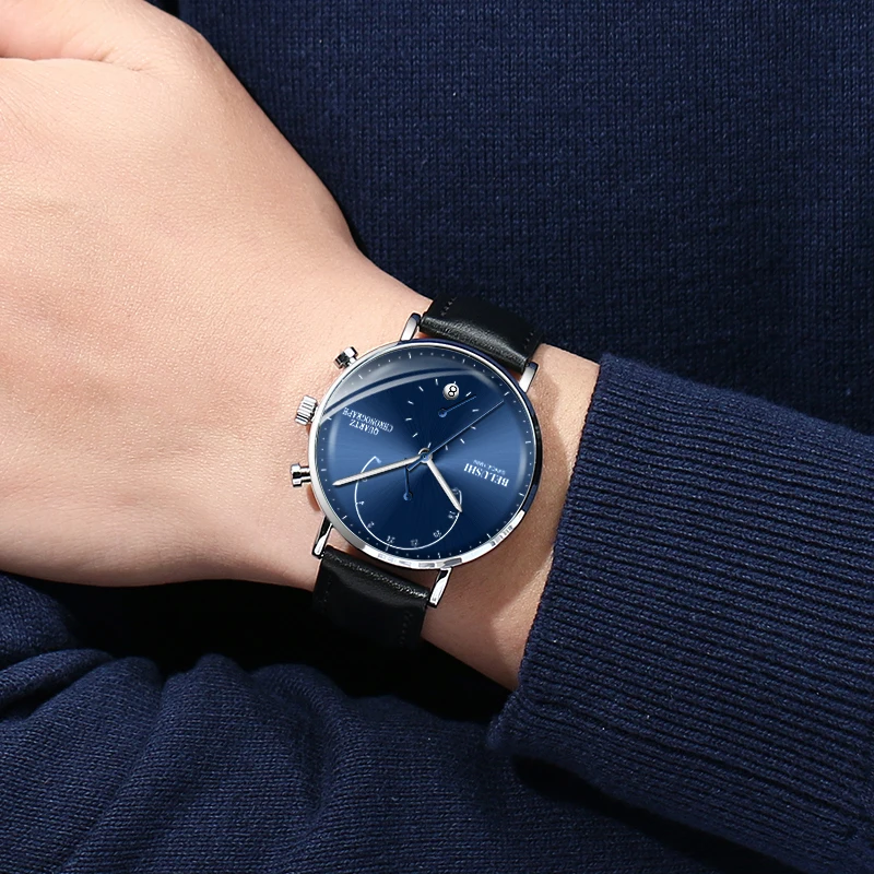 537 leather S blue Ультра тонкие часы для мужчин Хронограф военные Роскошные спортивные часы водонепроницаемые стальные сетчатые кварцевые мужские часы Relogio Masculino - Цвет: 537 leather S blue