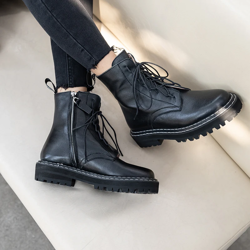

NEMAONE Genuine leather Women Ankle Boots Cross-tied Autumn Winter Warm Round Toe Casual Quality Shoes Woman large size 41 42 43