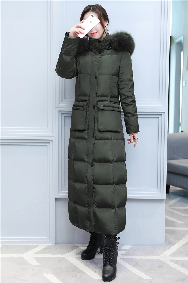 Ms. зимний супер длинный пуховик женский утепленный большой размер S-4XL Роскошная куртка с воротником из натурального Лисьего меха Высококачественная теплая куртка