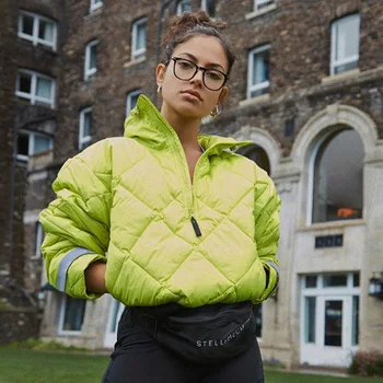 

2019 Winter Jacket Women Fluorescent Color Reflective Parka Cotton Clothing Half Open Collar Long-sleeved Tops Streetwear Coat