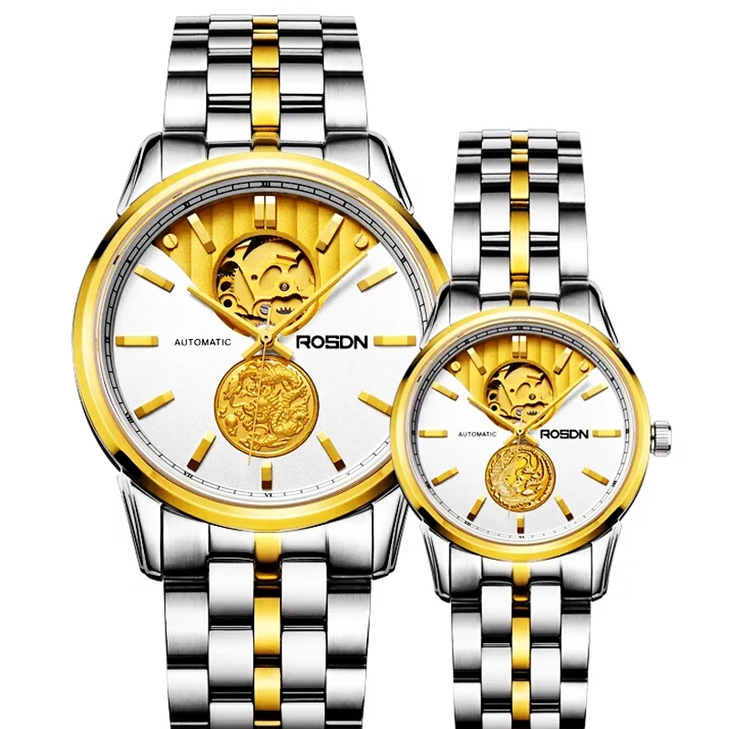 

New ROSDN Women's Watches Luxury Brand Japan Automatic Mechanical 24K Gold Skeleton Sapphire 50M Waterproof Couples Clock R2100W