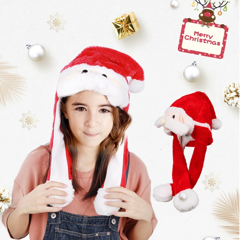 Рождественская шапка Санта-Клауса, светильник с подвижными ушами и музыкальная Милая мультяшная игрушка, шапка каваи, смешная шапка, детская блестящая зимняя шапка