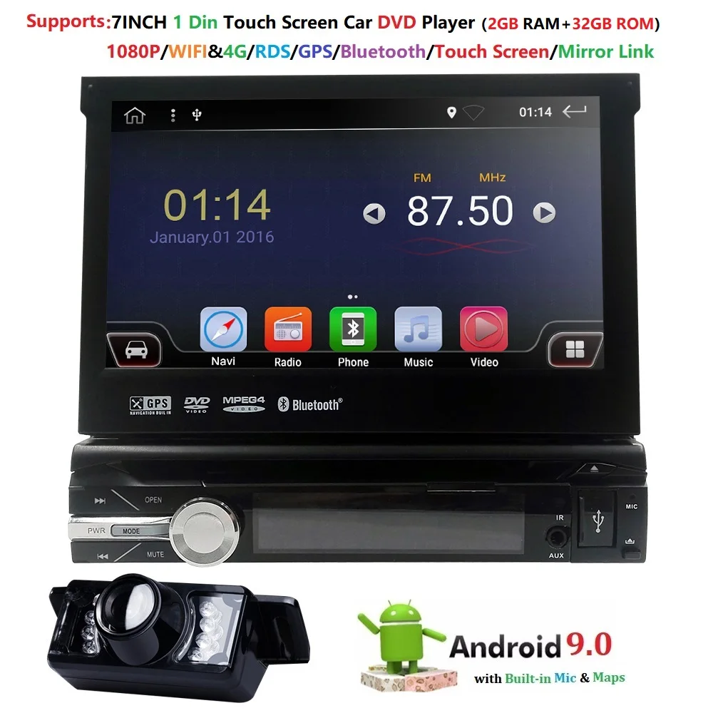 

Universal 7 inch 1080P Single Din Retractable Android 9.0 Car DVD Player Digital touch screen Car Media Player 2GB+32GB DAB+TPMS