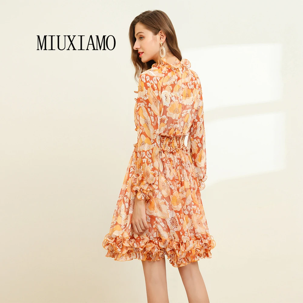 MIUXIMAO, высокое качество,, осень и весна, роскошное шелковое платье с оборками, винтажное, цветочный принт, Элегантное повседневное платье для женщин, vestido
