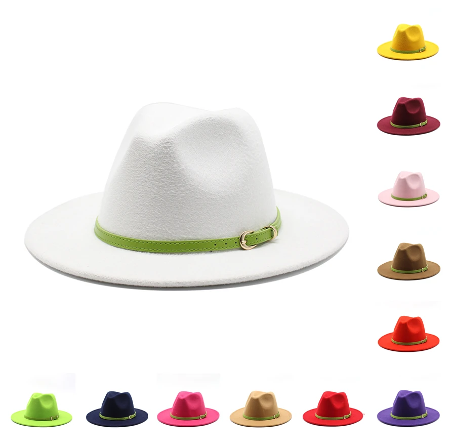 red bottom fedora hat Men Fedora hats women Cowboy Simple woolen hat jazz hats British style hat Fashion hat autumn winter big along Multicolor hat white fedora