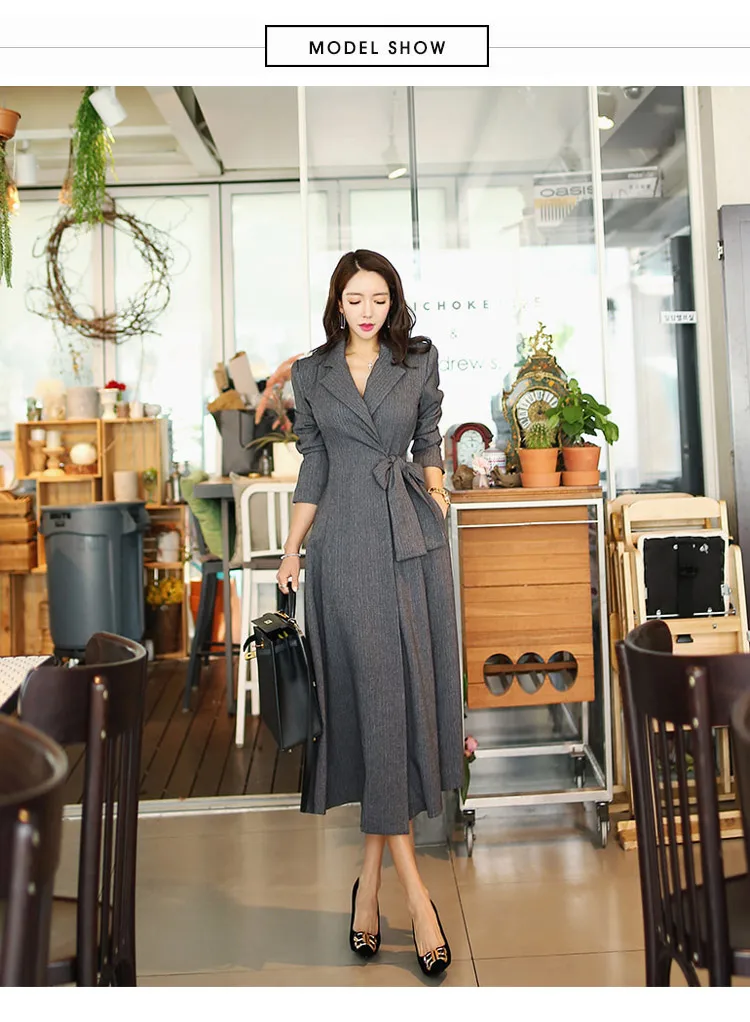 HAMALIEL High Quality Autumn Winter Skirt Long Trench Coat Women Elegant Gray Turn Down Collar Lace Up Fashion OL Windbreaker