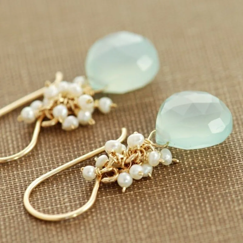 Dangle Earrings Pearl Earrings drop earrings long earrings golden earrings Handmade Chalcedony & Seed Pearl Gold Earrings