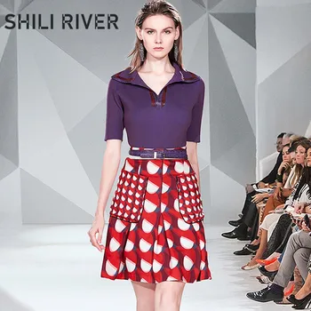 

New spring summer elegant short sleeve purple knit shirt and red print a line mini skirt casual two piece suit with belt