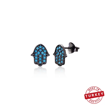 

925 Sterling Silver Stud Earrings Turquoise Stone Hamsa Design Turkish Handmade SPENTA Jewelry