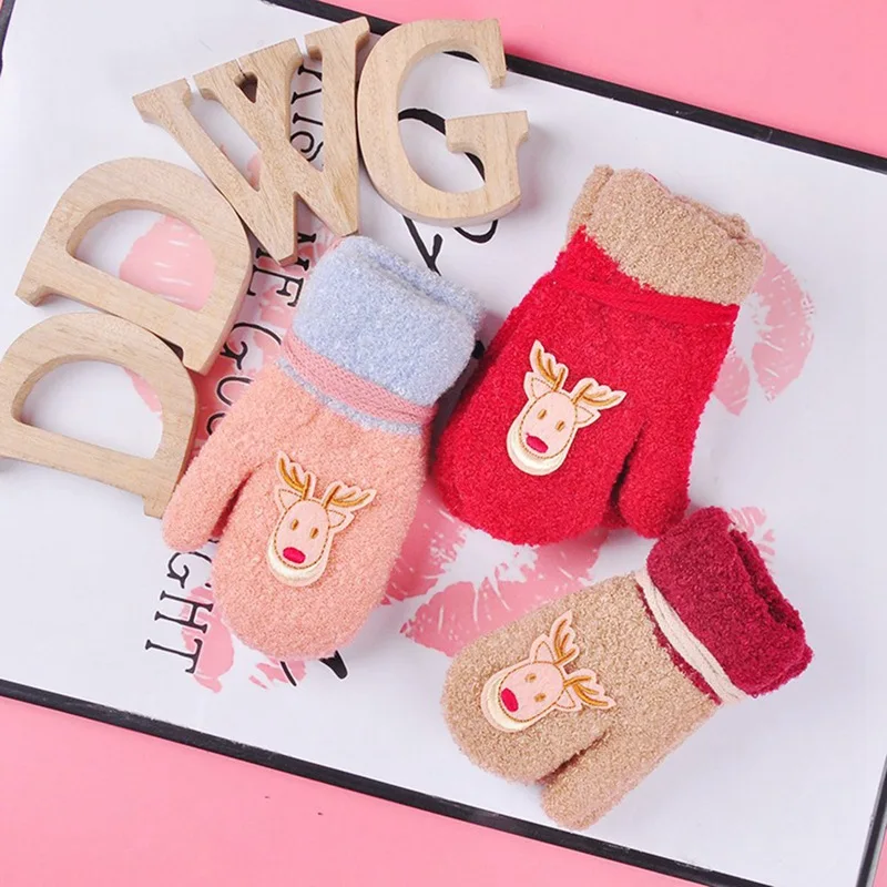Kids Winter Knitted Wool Mittens Christmas Tree Plush Full Rope Finger Gloves Warm Toddler Hanging Neck Gloves