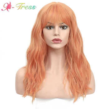 

X-TRESS 20'' Medium Synthetic Orange Wavy Wigs With Bangs Natural Wave Machine Made Trendy Wig For Women Heat Resistant Wig