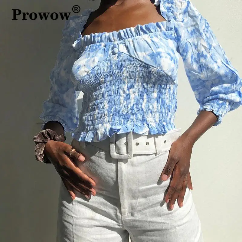 Long Sleeve Blue Print Cottagecore Ruffle Crop Blouse Women Fall 2020 Square Neck Button Ruched Sexy Backless Off Shoulder Top | Женская