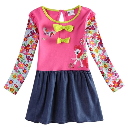 Girls Long Sleeve Dress Little pony Dress Spring Autumn Cotton Embroidered Girl Flowers for Kids Wearing Girls Dresses H6480D - Цвет: H6491 fuchsia