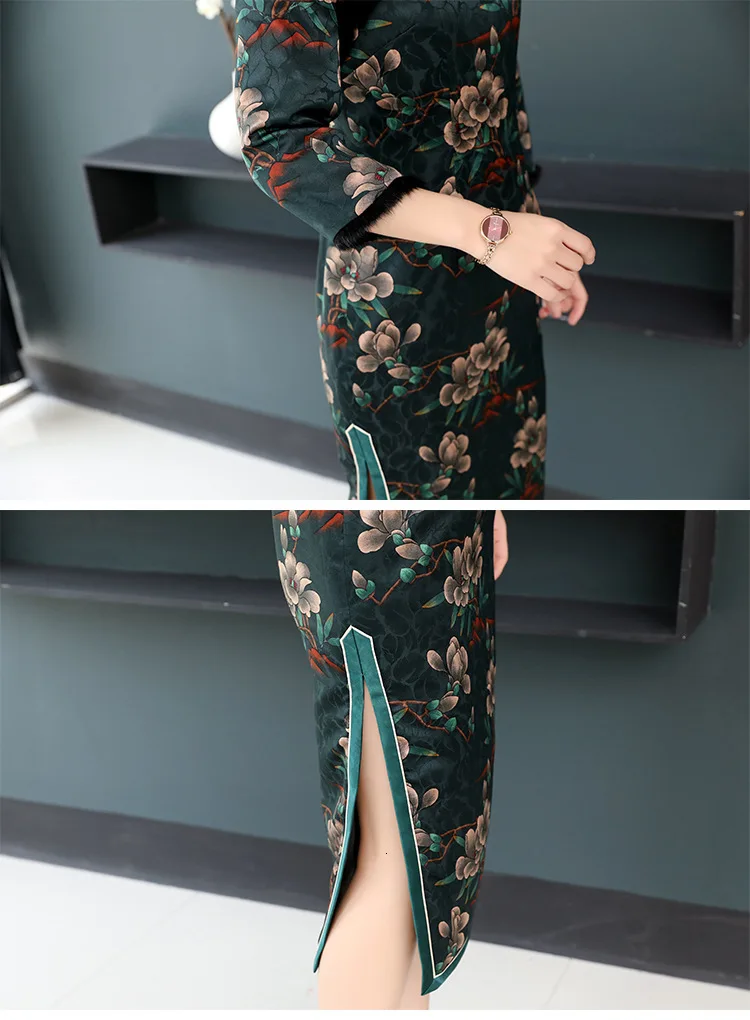 Винтажное хлопковое теплое китайское женское жаккардовое платье cheongsam Осень и зима Новинка
