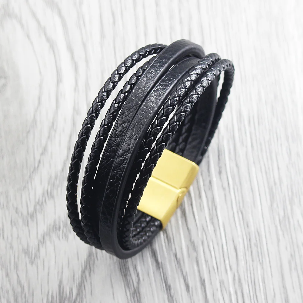 Gold Clasp FIREBROS,, золотой, серебряный, черный, нержавеющая сталь, магнитная застежка, 6 слоев, многослойный, натуральная кожа, браслет, мужской, панк, ювелирное изделие - Окраска металла: Gold Clasp