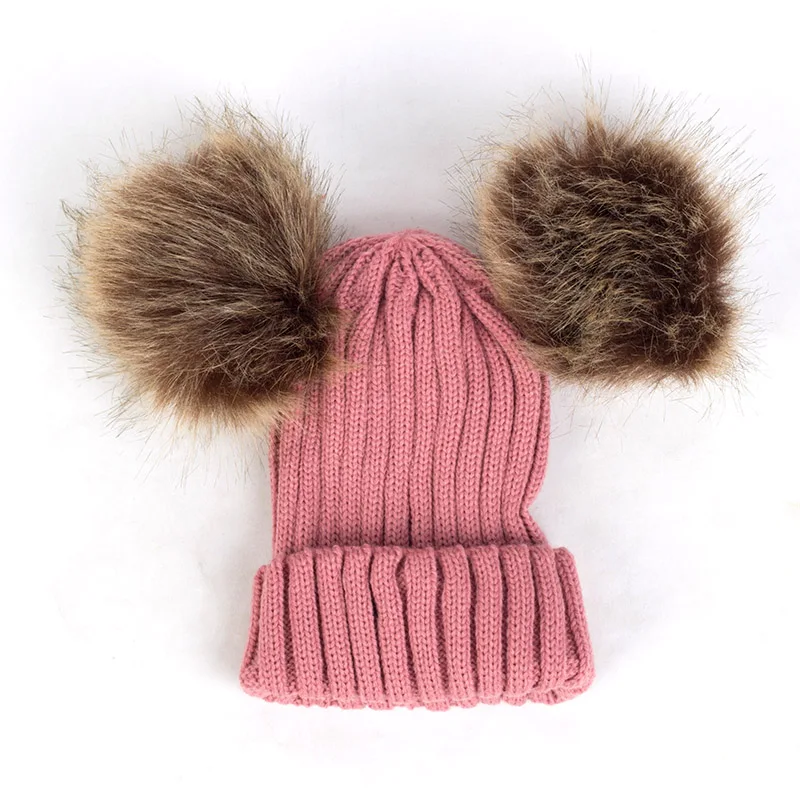 Leather Pink Geebro/вязаная шапка для малышей, шарф в рубчик, зимние шапочки с помпонами для маленьких девочек, теплые шапки с ушками для новорожденных, Детские кепки DK939 - Цвет: Leather Pink