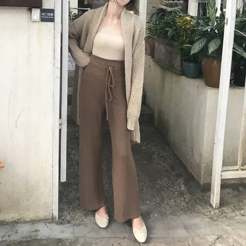 

Autumn Winter Gray Black Khaki Color High Waist Drawstring Sweater Wide Leg Pants Knitted Trousers