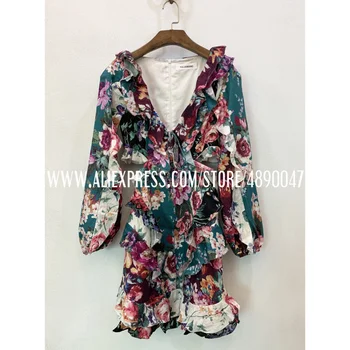 

Pleated stitching printed linen mini dress openwork waist sexy V-neck 2019 Bohemia dress