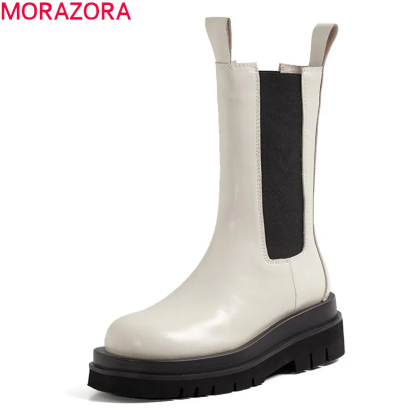 

MORAZORA Size 33-43 Fashion Genuine Leather Boots Women Thick Sole Chelsea Boots British Style Winter Platform Ankle Boots