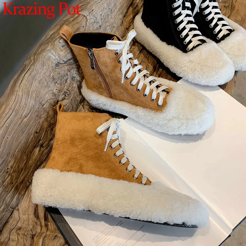 krazing pot Internet star mixed colors fashion sheep fur flock boots round toe daily wear winter warm lace up ankle boots L55