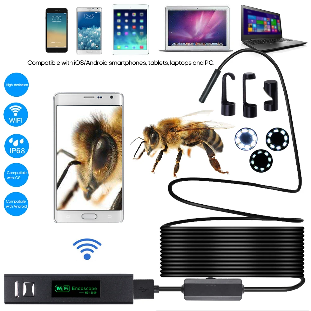 1200P эндоскоп бороскоп wifi 8 мм объектив IP68 Водонепроницаемый промышленный