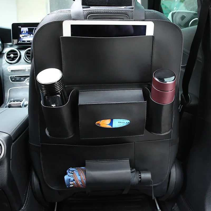 Полиуретановая кожаная сумка-накладка на заднее сиденье автомобиля Органайзер дорожная сумка для хранения складной обеденный стол сумка для хранения сиденья автомобиля аксессуары для стайлинга автомобиля - Название цвета: Черный