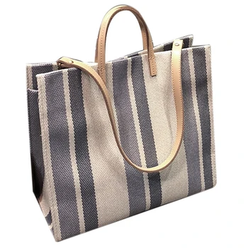 

Summer Striped Canvas Bag Simple Canvas Bag Shoulder For Women Shopping And Traveling Large Capacity Women'S Bag Casual Bag(Blue