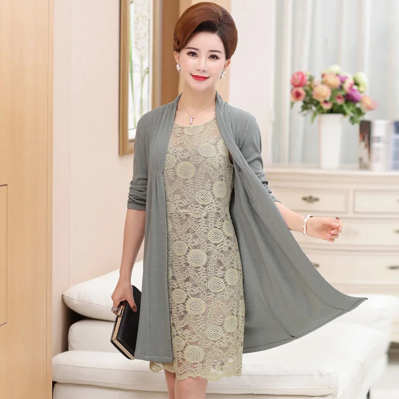 

Middle-aged WOMEN'S Apparels Spring Clothing Elegant Two-Piece Set 40-Year-Old Mom Summer Wear Vest Dress Middle-aged Shawl Card