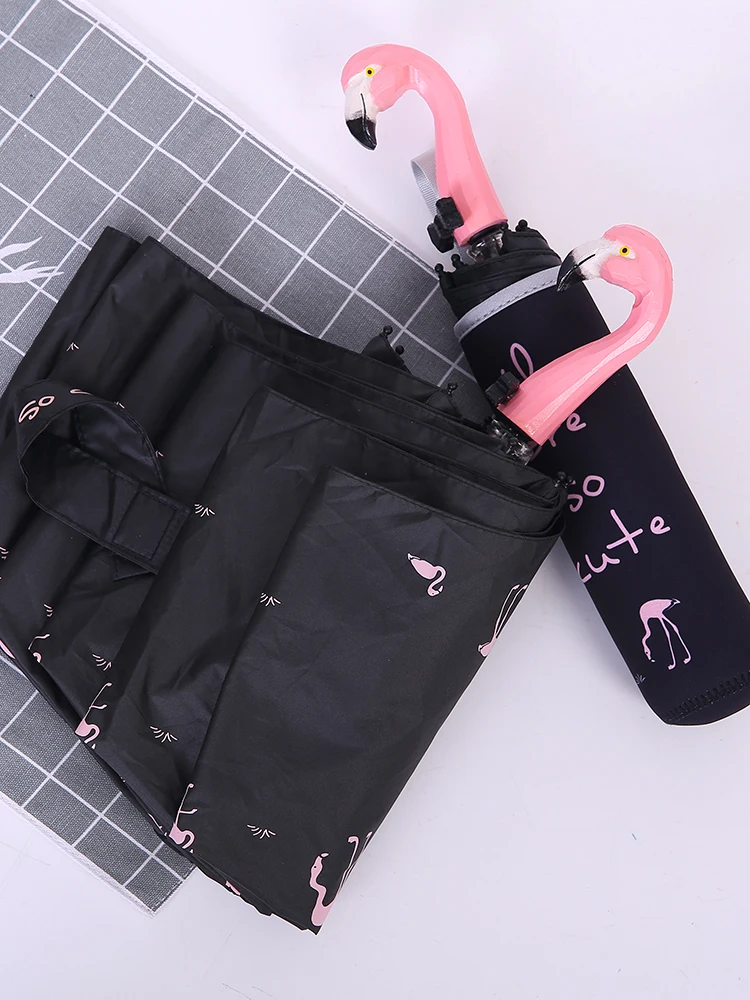 Cartoon Flamingo Animal Umbrella Creative Cute 3 Folding Sun Rain Wood Carving Handle Girl Adult Y50 | Дом и сад
