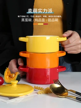 

Solid color ceramic steamed egg soup rice bowl covered high temperature resistant stew cup small pot water food baking bowl