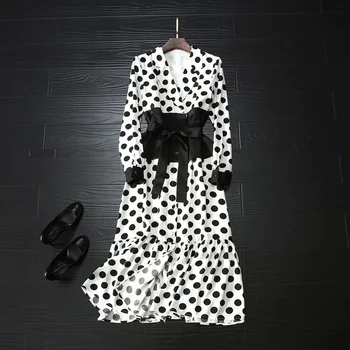 

Elegant Work Dress 2020 Spring Style Women Notched Collar Polka Dot Print Vest Corset Patchwork Long Sleeve Mid-Calf Dress Femme