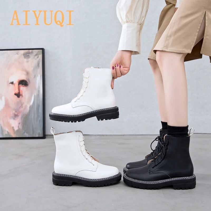 Women Shoes Martin-Boots Female White Winter Genuine-Leather Girl Lace-Up AIYUQI Non-Slip