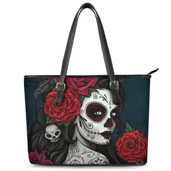 

Leather Female Lager Bags Gothic Girls Shoulder Bag for Women Rose Skull Girl Print Handbag Cool Ladies Beach sac a main