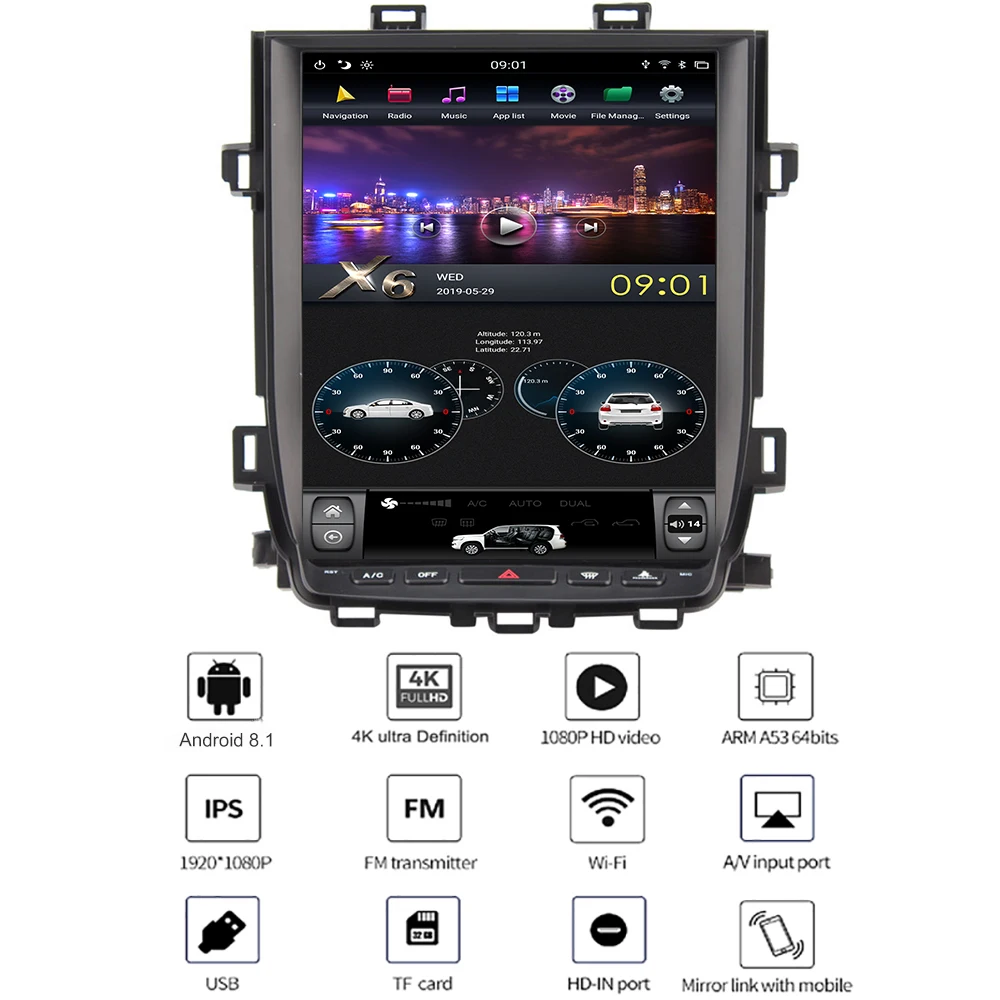 Яж Android 8,1 4 Гб головное устройство мультимедиа для Toyota Alphard/Vellfire 2007 2008 2009 2010 20112012 2013 12,1» ips дисплей
