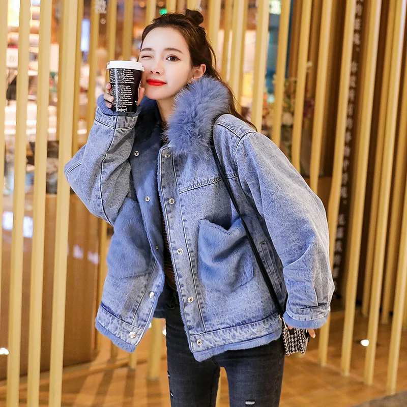 

Photo Shoot 2019 Winter New Style Korean-style Mink Hair Large Pocket plus Velvet Jeans Coat Women's Warm Cotton-padded Clothes