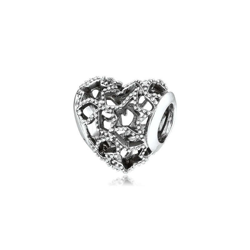 DIY подходит для браслетов Pandora Charms сердце и звезды ажурные бусины 925 пробы-серебро-ювелирные изделия