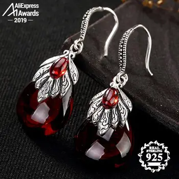 

S925 Fine Jewelry Ruby Drop Earrings Women Handmade leaf Art Gift Vintage Natural Carnelian Retro Ruby red jasper