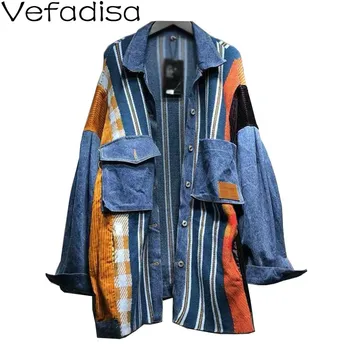 

Vefadisa Plus Size Stitching Color Striped Women Denim Coat 2020 Autumn Fashion Knitting Patchwork Denim Jacket Blue QYF3942