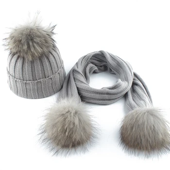 

2-6 age Children Real Fur Pompom Knitted Beanie Hats Scarves Set Suit Baby Boys Girls Hats Scarf Winter Warm 2019