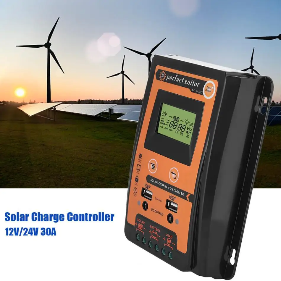 Carga do Painel Solar e Controlador de Descarga Usb com Display Dupla Saída Lcd Pwm Controlador Solar 30a 50a 70a 12v24v usb com display lcd pwm controlador solar